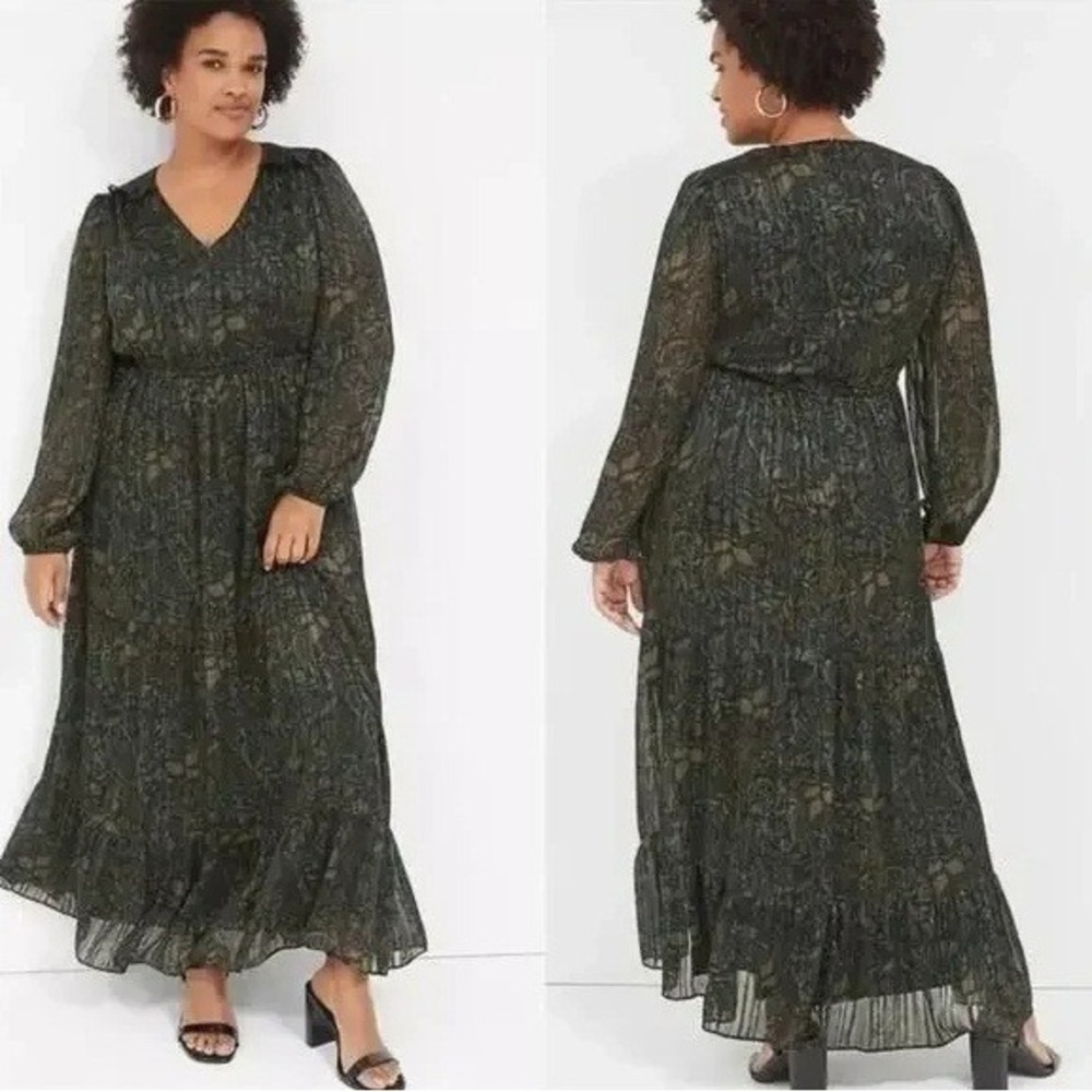 Lane‎ Bryant Green Metallic Maxi Dress Plus Size 14/16 Long Sleeve Shimmer